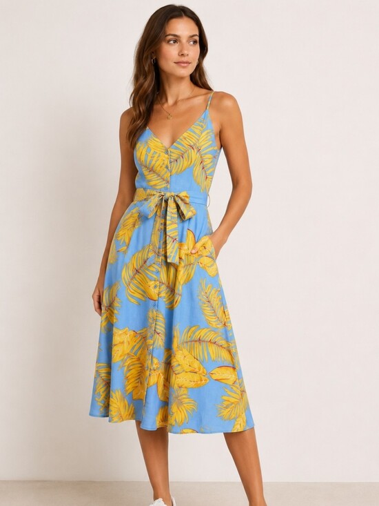 The Editor’s Market Dresses & Skirts - The Editor’s Market Delina Midi Dress Sky Blue Yellow Tropical Palm Print Tie
